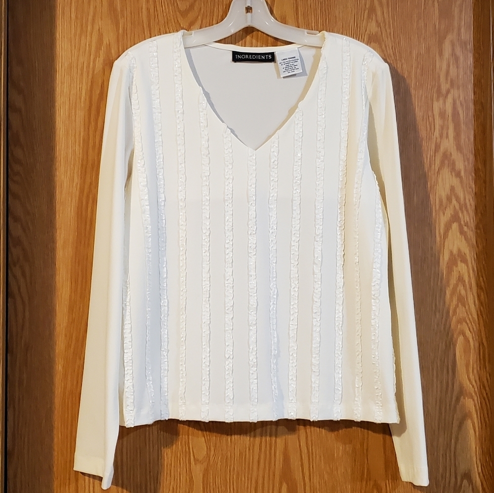 Jeffrey Craig ingredients Vneck top Ivory size L stretch polyester